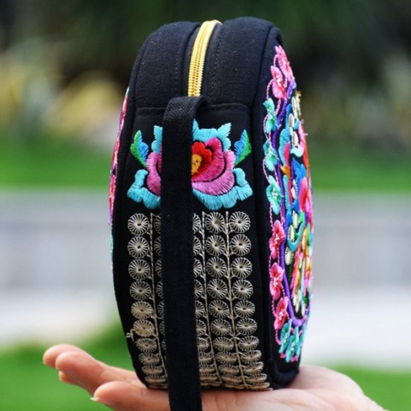 Embroidered Round Shoulder Bag Bright Multi Color Floral bag adjustable strap - Picture 4 of 7